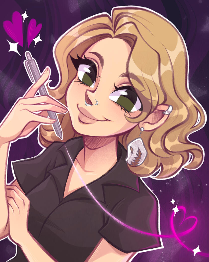 Sass Addams - Portrait (Rectangle) A portrait of Sass Addams in a cartoon style with a purple background. Sass is a white woman with blonde wavy hair to her shoulders, hazel eyes, and silver nostril and septum rings. She is wearing a black collared shirt and white earrings in the shape of a