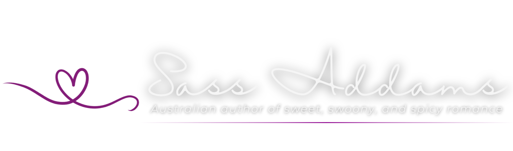 Sass Addams Header Right: Hand drawn outline of Tasmania, Australia overlaid with a flourish in the shape of a love heart. Left: text reads "Sass Addams, Australian author of sweet, swoony, and spicy romance."